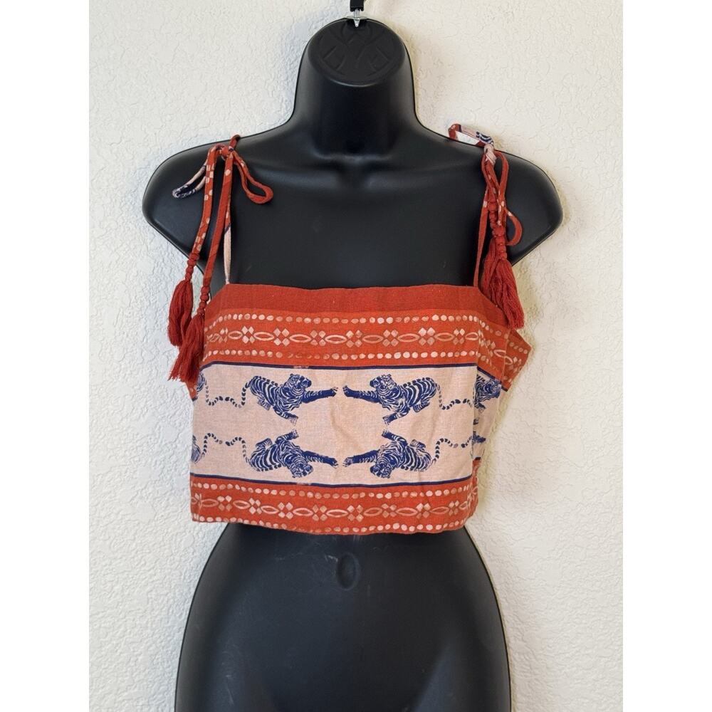 Caroline Constas Linen Blend Orange Blue Crop Top Tiger Print Medium - Picture 4 of 9